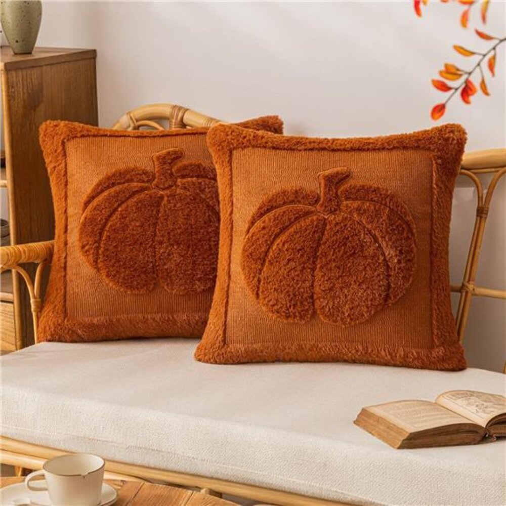 Pumpkin Fall Pillow Covers 18"x18" Set of 2 Rust Red Embroidered Plush Throw